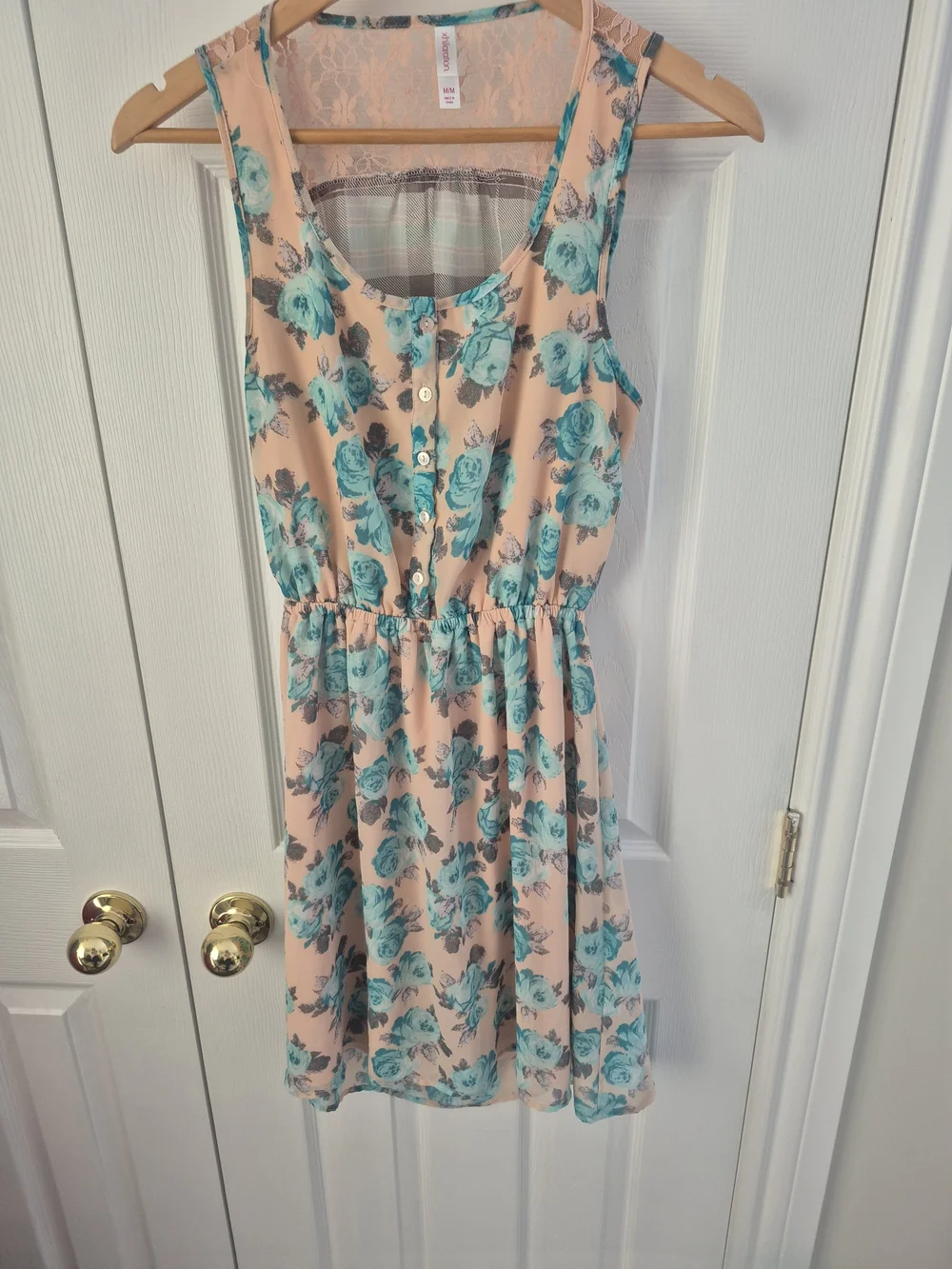 Xhilaration Floral Dress Medium Peach Teal Sleeveless Fit Flare Lace Back - Picture 3 of 6